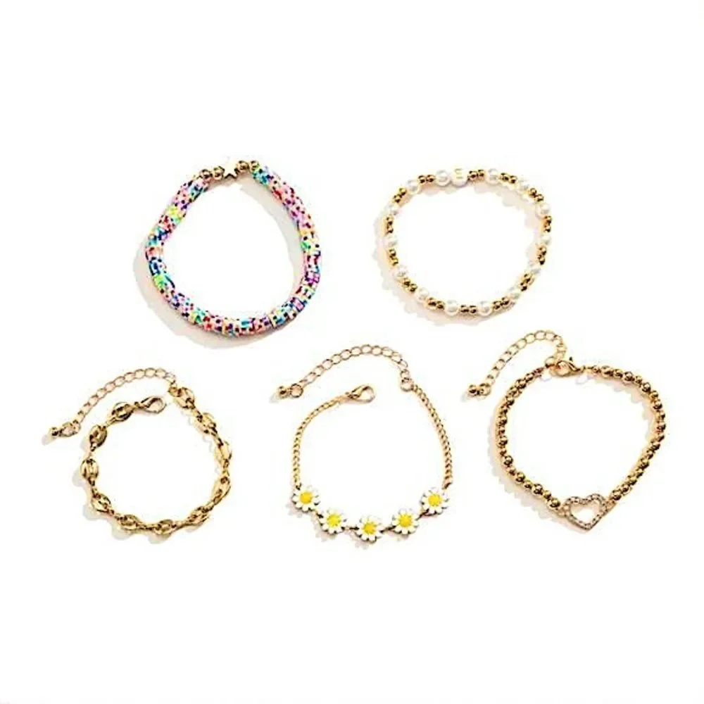 Summer Vibes Boho Daisy & Pearl Gold Tone 5 Piece Bracelet Stack Heart Charm Set